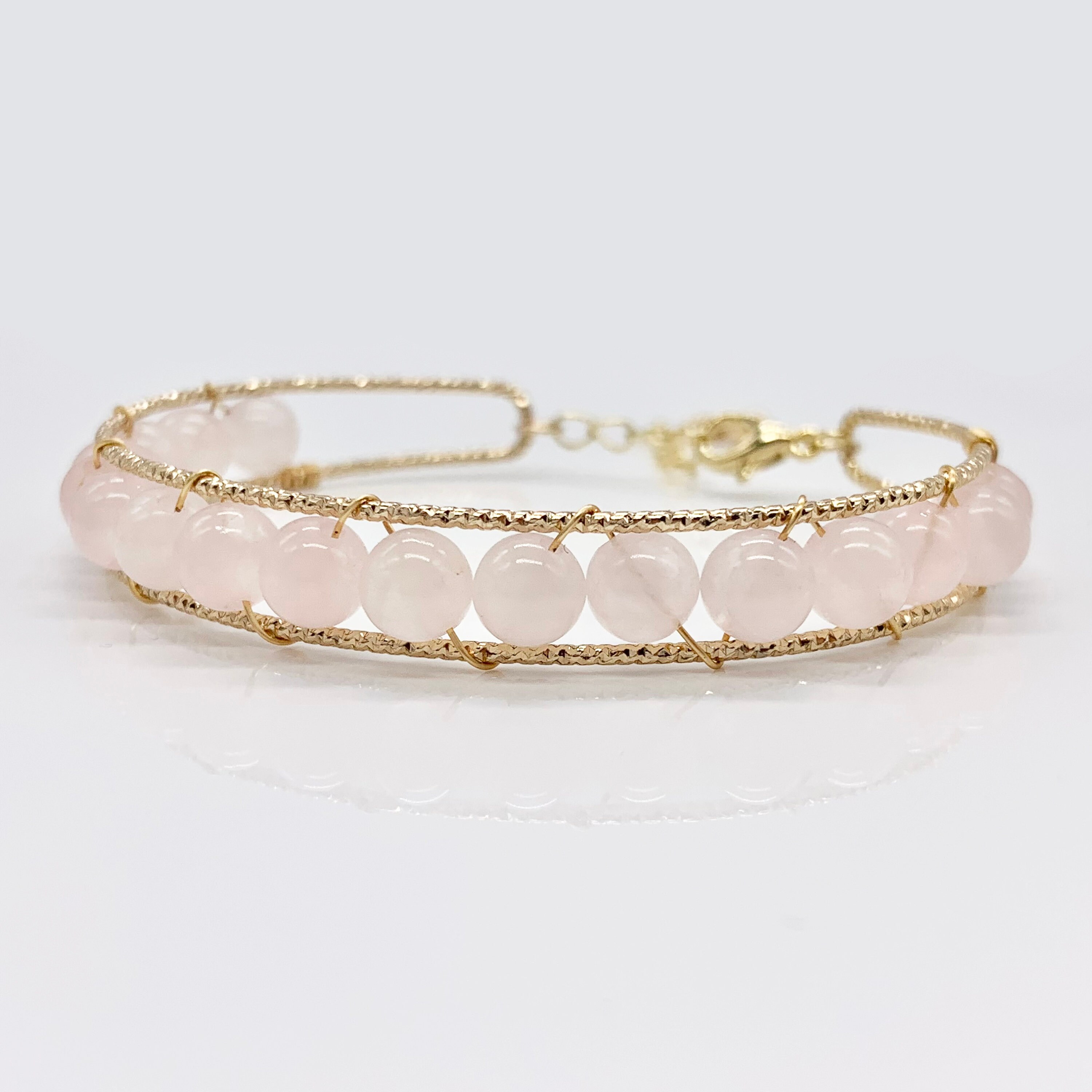 Pink Quartz Stones Handmade Adjustable copper bracelet plated with 14k gold