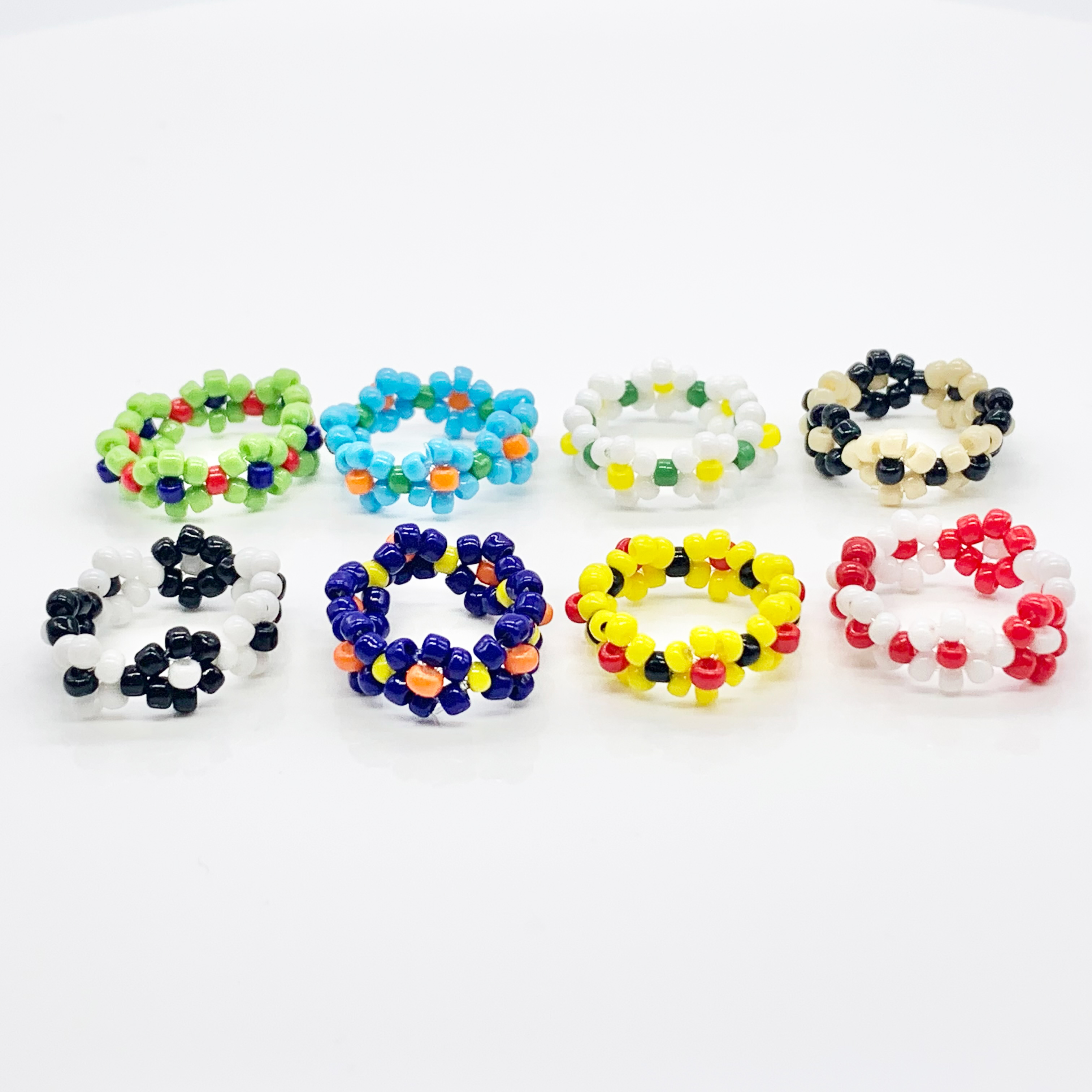  Floral Handmade Beaded Daisy Rings, Seed Beads Flower Rings
