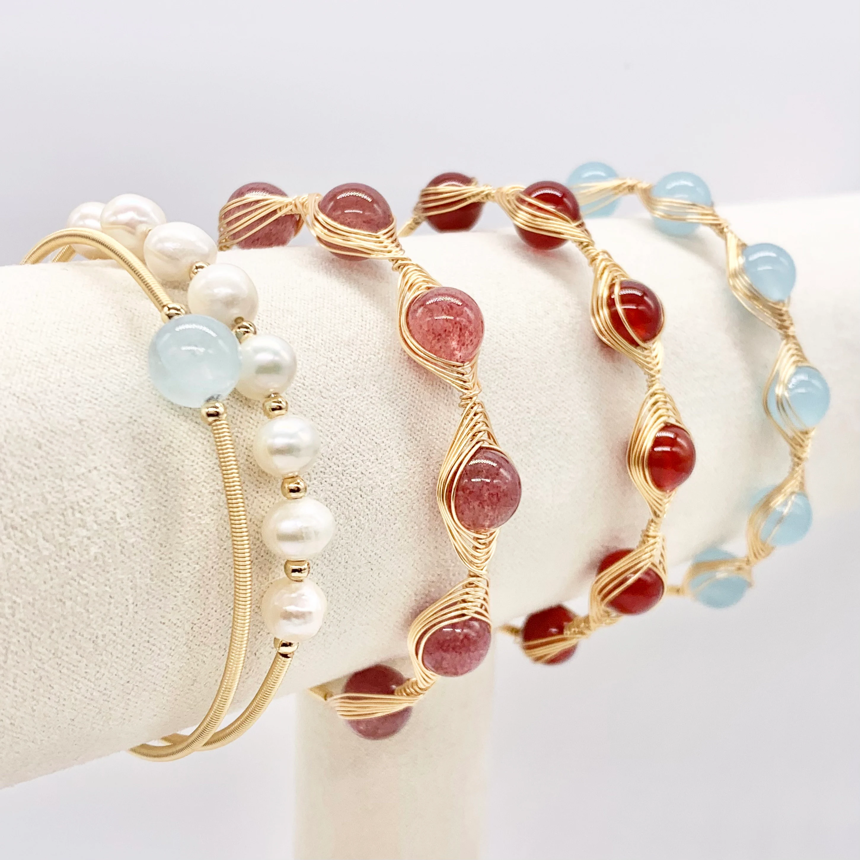 red onyx, strawberry crystal, aquamarine, and Freshwater Handmade Gemstone Adjustable copper bracelet plated with 14k gold