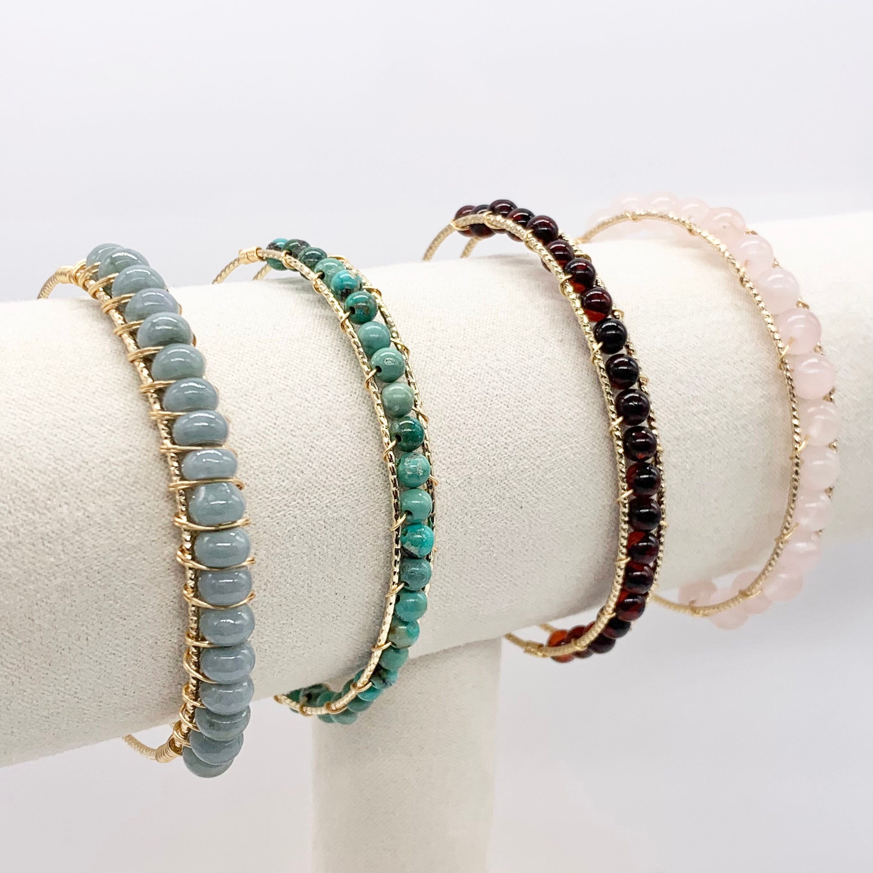 Rose Quartz | Pine Stone | Jadeite | Garnet Handmade Gemstone Adjustable copper bracelet plated with 14k gold