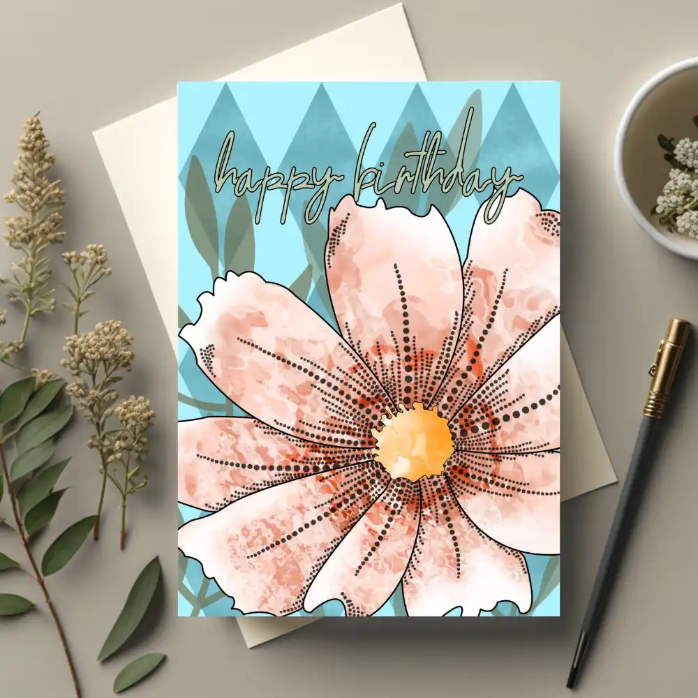 Printable Cosmo Flower Harlequin Geometric Birthday Card
