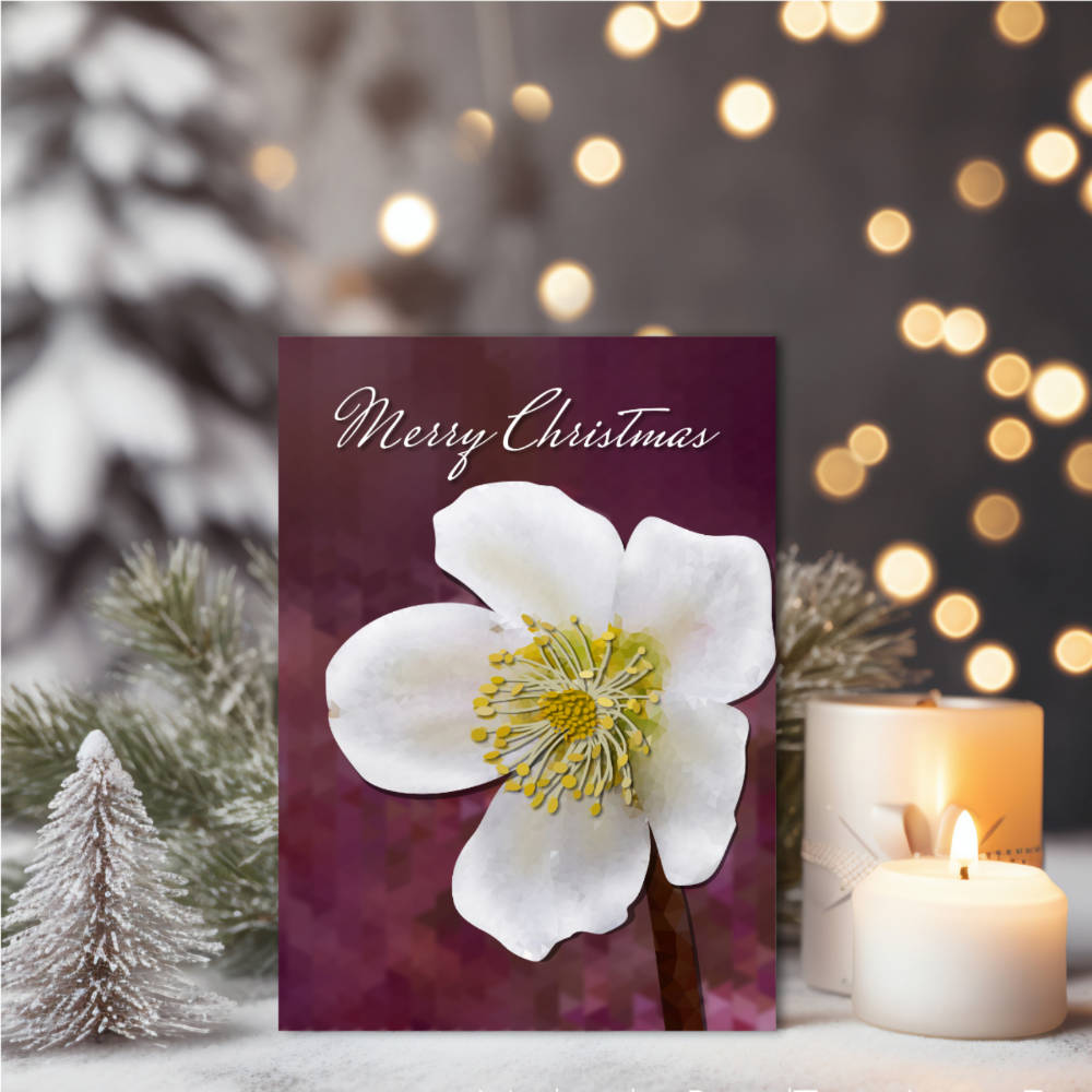 High-Poly Winter Rose Art Card: Crystalline Floral Christmas Greetings