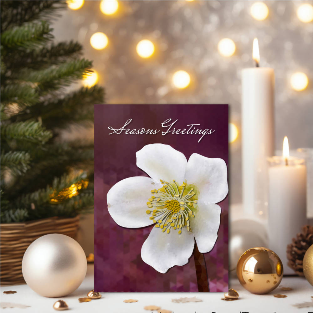 High-Poly Winter Rose Art Card: Crystalline Floral Seasons Greetings