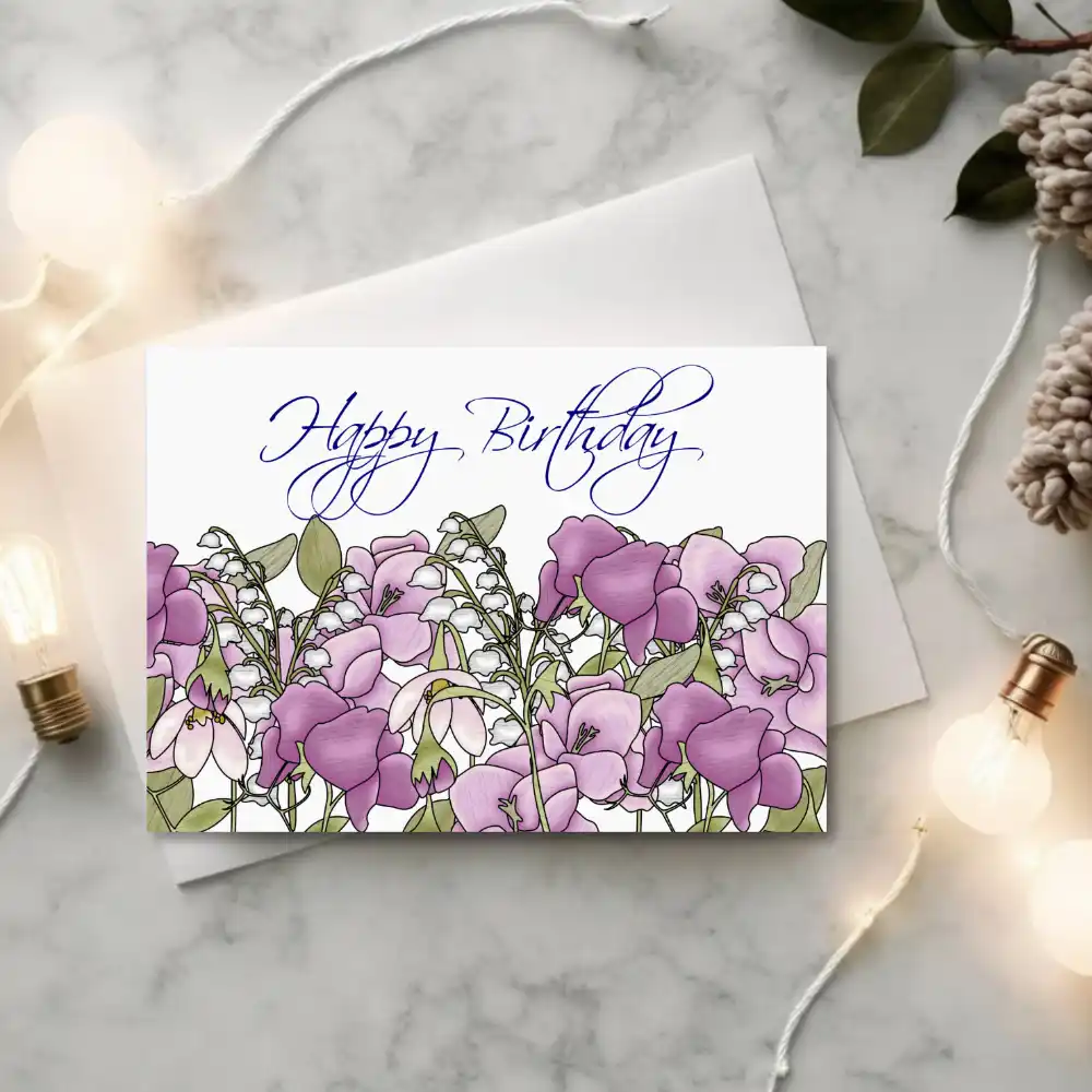 Gladiolus & Sweet Pea Birthday Card: Elegant Flat Art