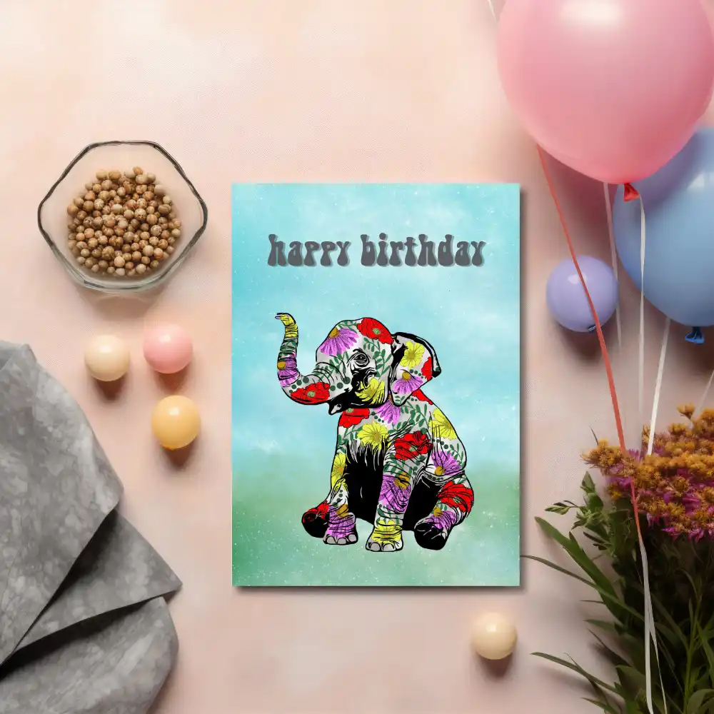 Printable Floral Elephant Birthday Card