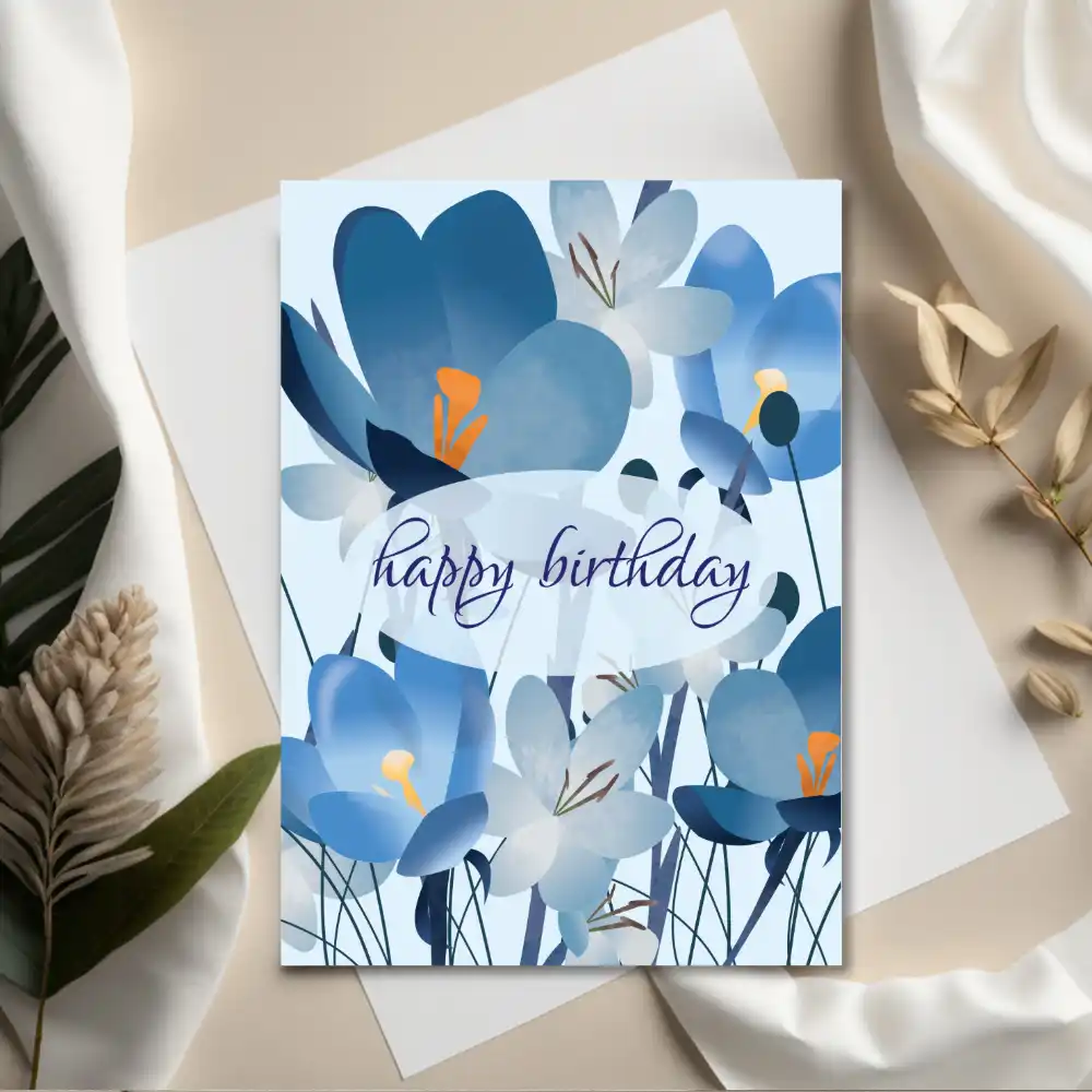 Printable Deep Blue Floral Birthday Card
