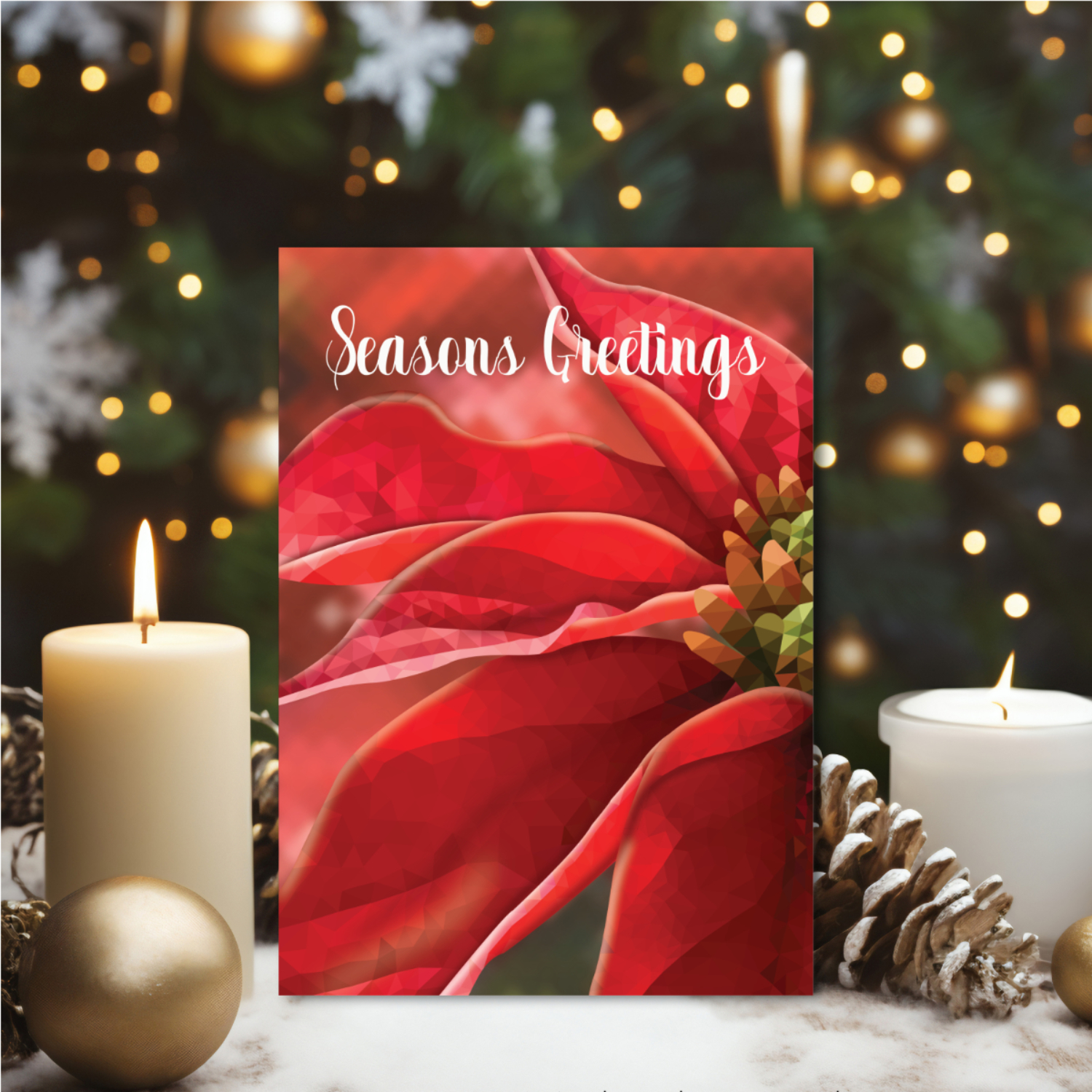 Printable Poinsettia Geometric Seasons Greetings Card