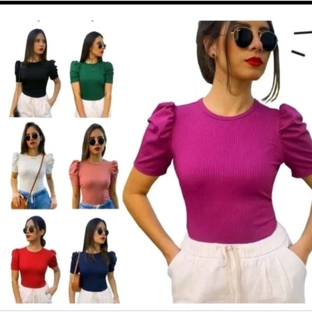 Blusa Feminina Manga Princesa em Malha Canelada com Elastano