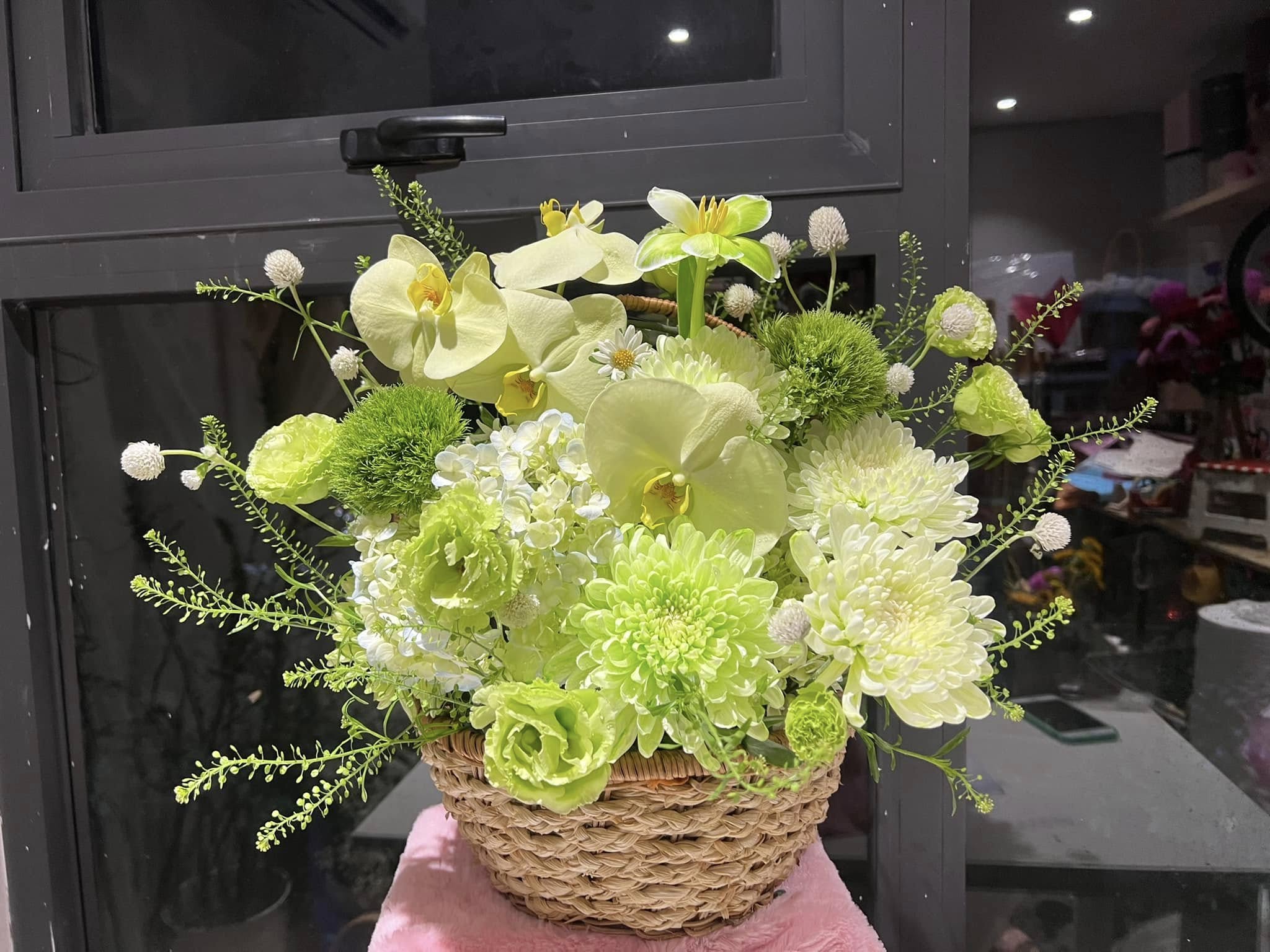 Giỏ hoa Tulip tone xanh bơ