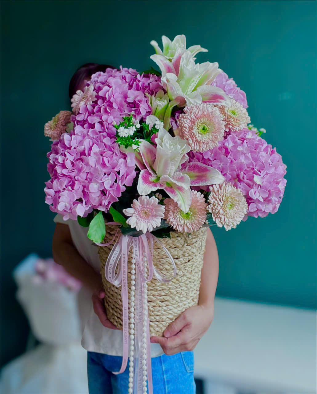 Giỏ hoa Cẩm tú cầu hồng