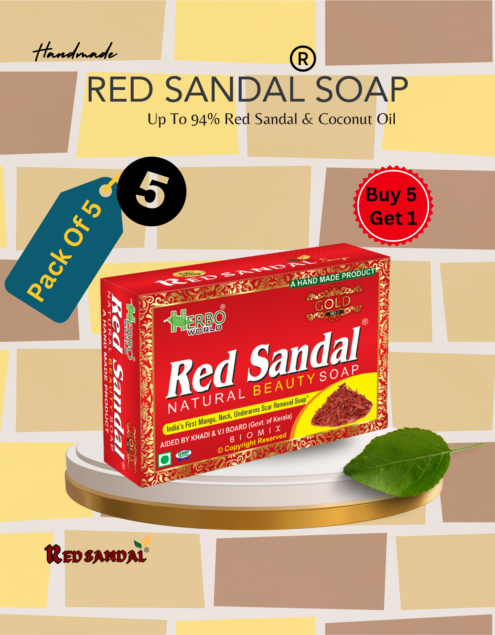 Red Sandal® Soap 75g Pack Of 5 "buy 5 red sandal soaps"- Get 1 Absolutely Free