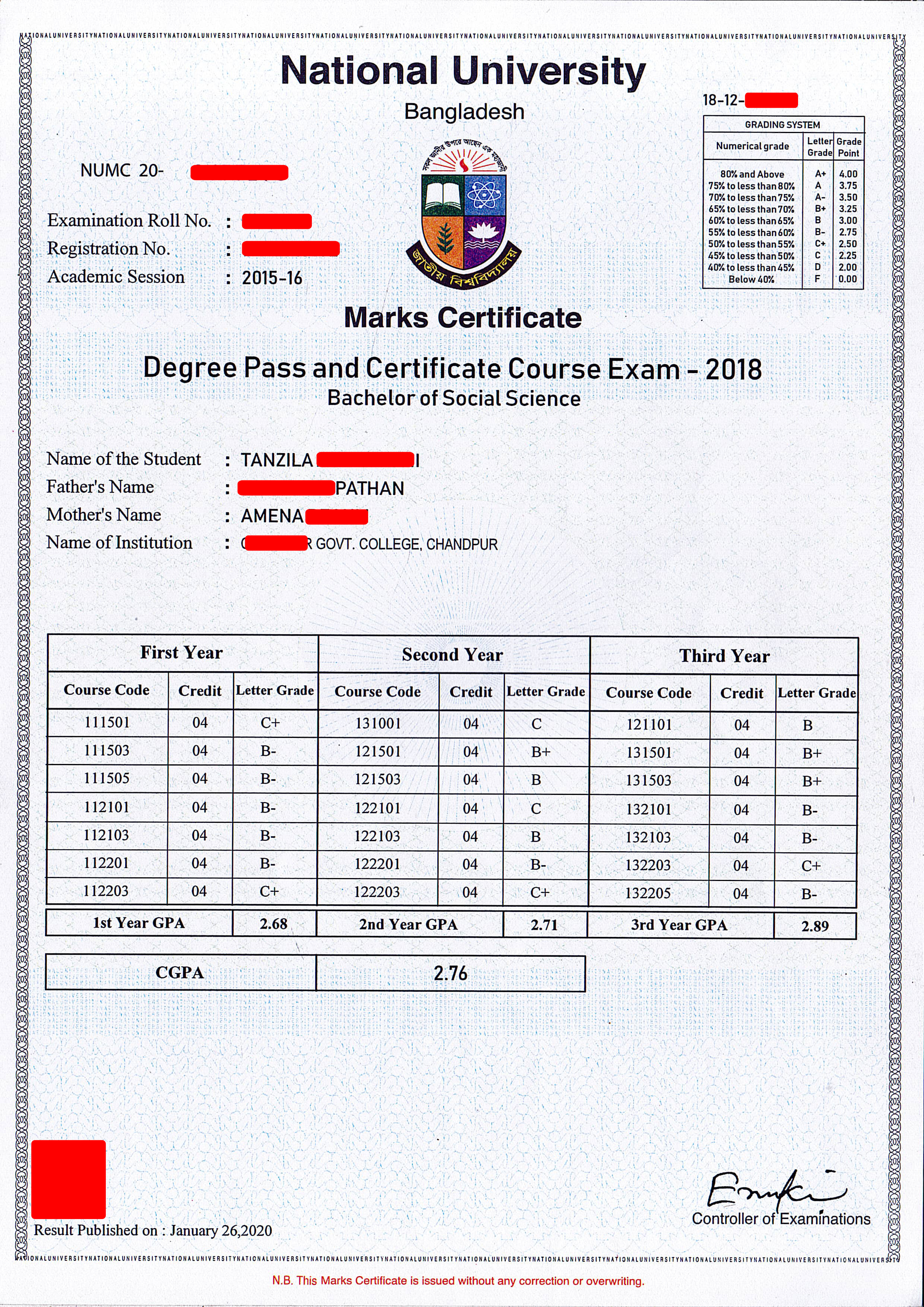 জাতীয় বিশ্ববিদ্যালয়ের মার্কশীট (Duplicate Marksheet)