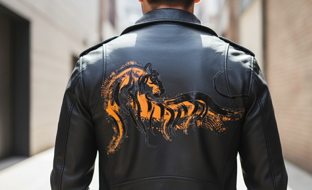 Black Leather Jacket with Tiger Print