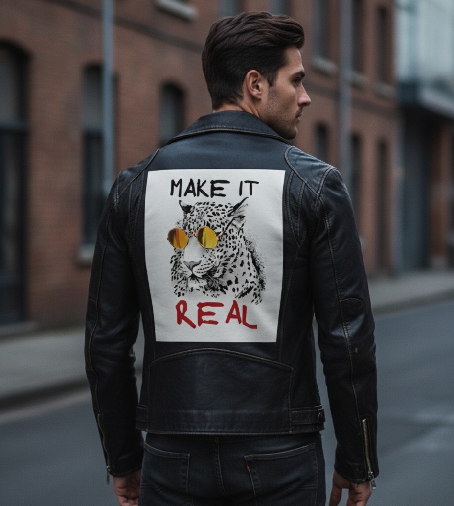 Black Leather Jacket with Graphic Print