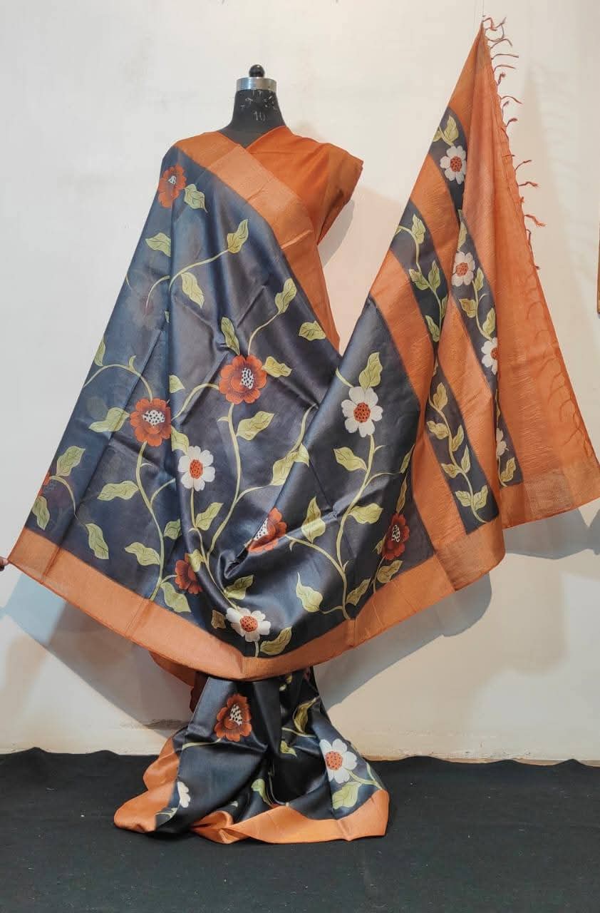 Exquisite Hand-painted Tussar Saree with Zari Border