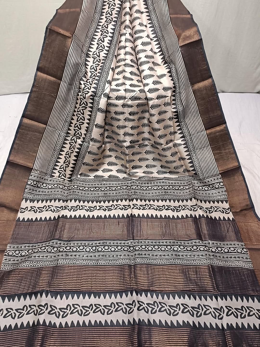 Zari Border Tussar Hand Block Printed Saree