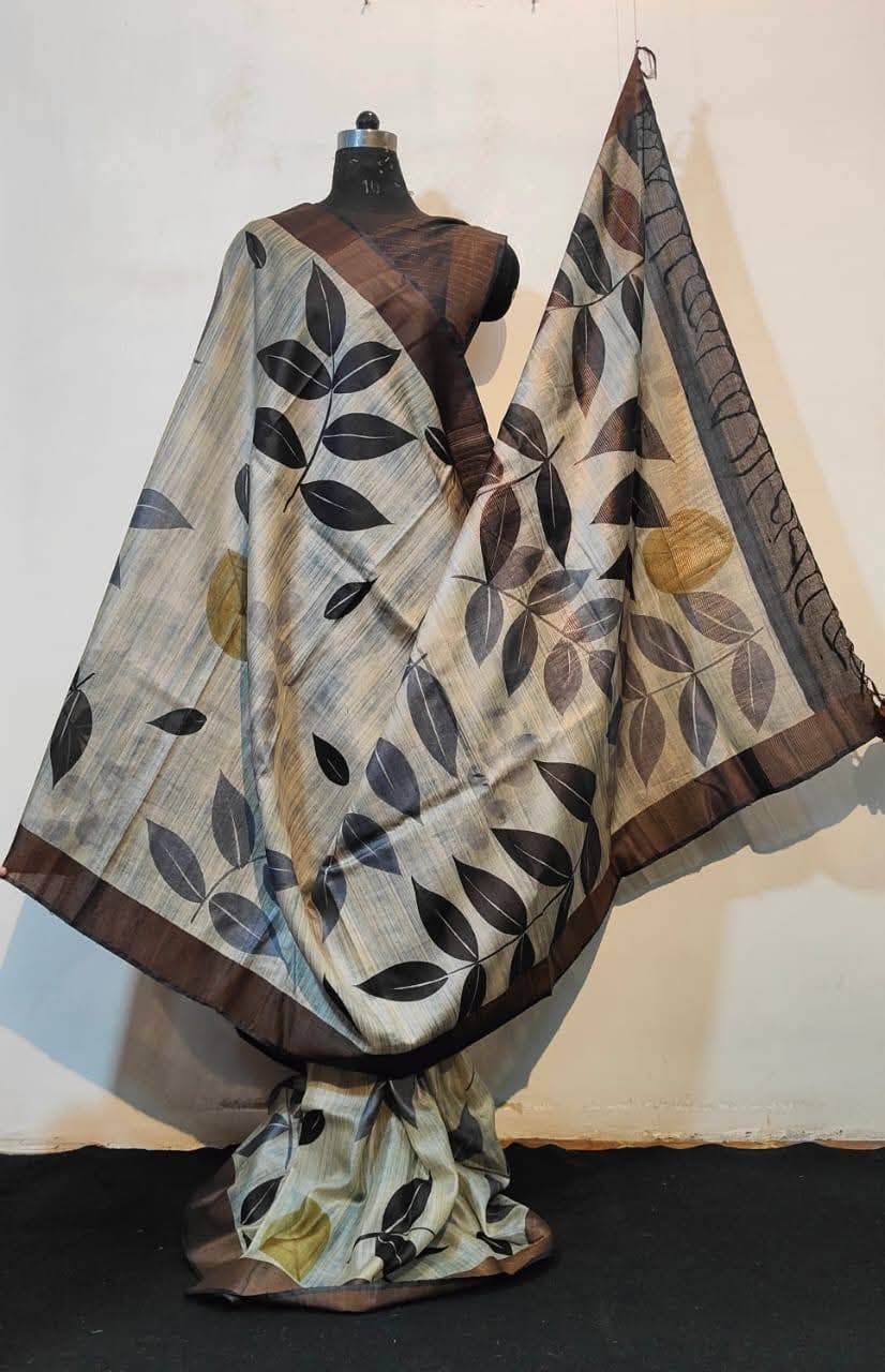 Exquisite Hand-painted Tussar Saree with Zari Border