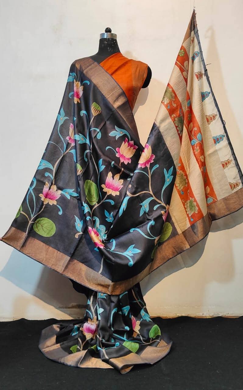 Exquisite Hand-painted Tussar Saree with Zari Border