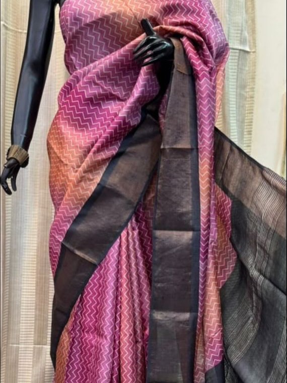 Zari Border Tussar Hand Block Printed Saree