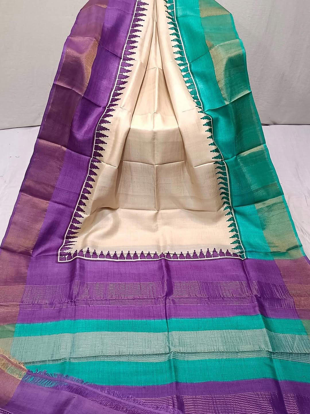 Zari Border Tussar Hand Block Printed Saree