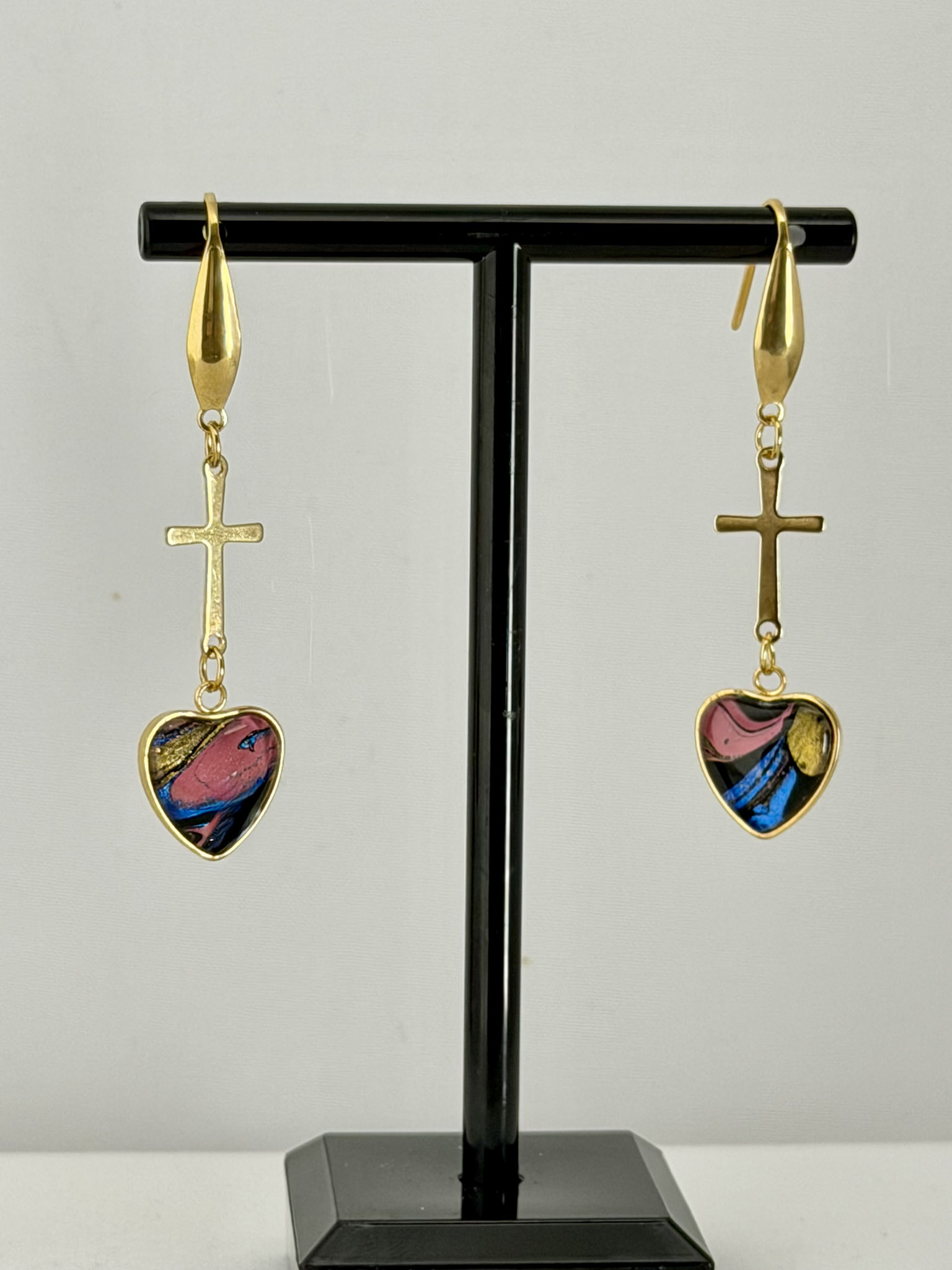 Gold Heart Cross Dangle Earrings