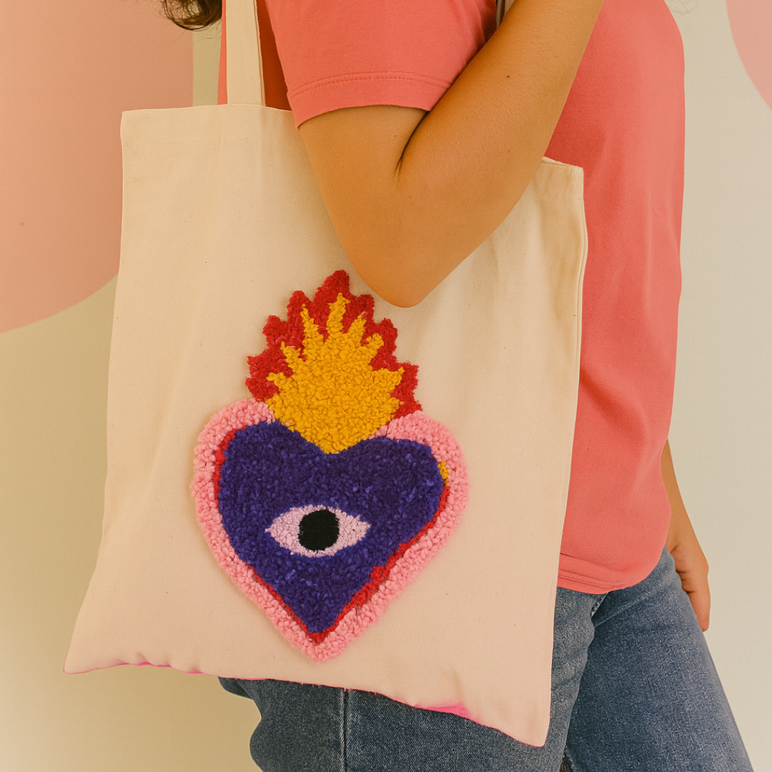 Bolsa artesanal com coração flamejante