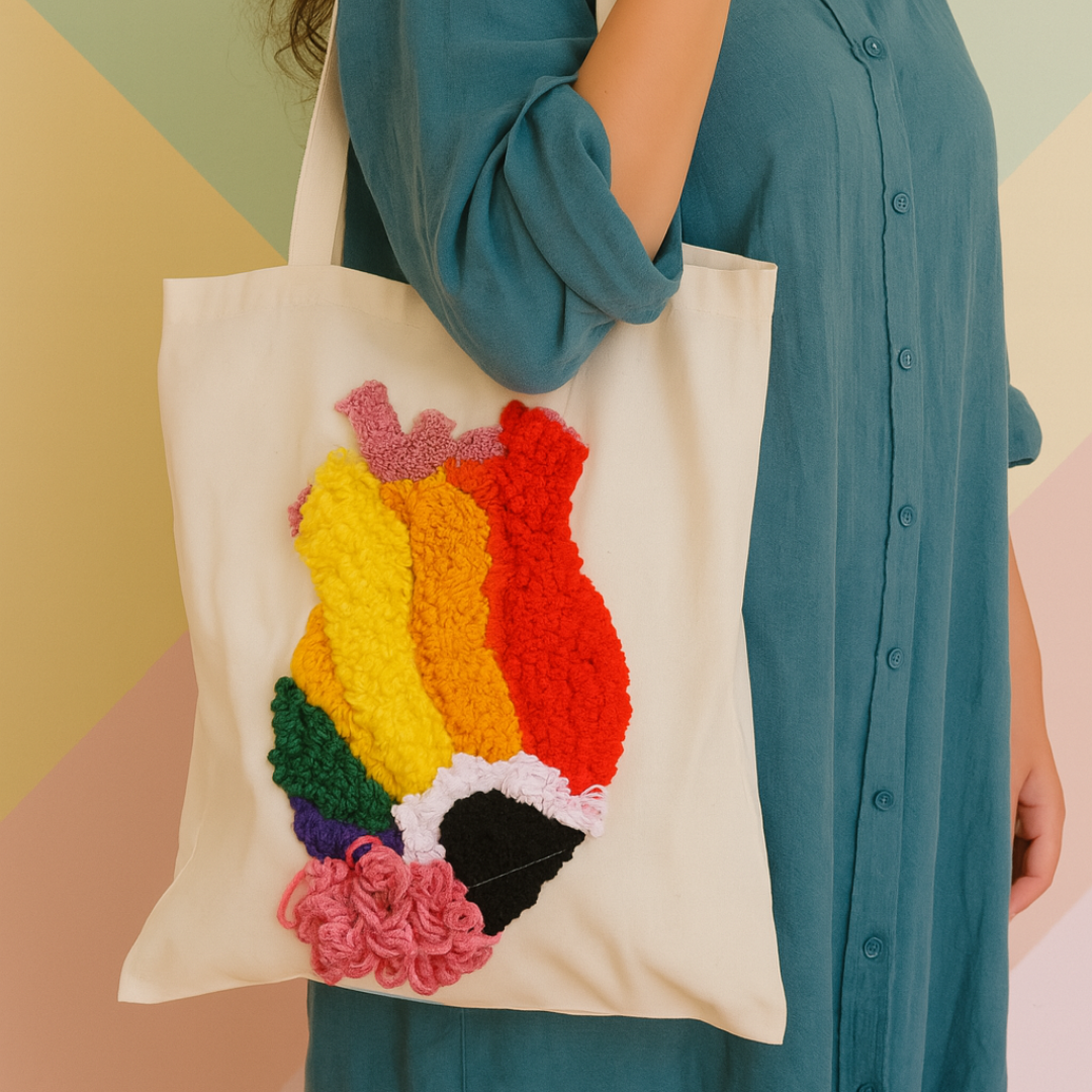 Mochila artesanal com aplicação de lã colorida