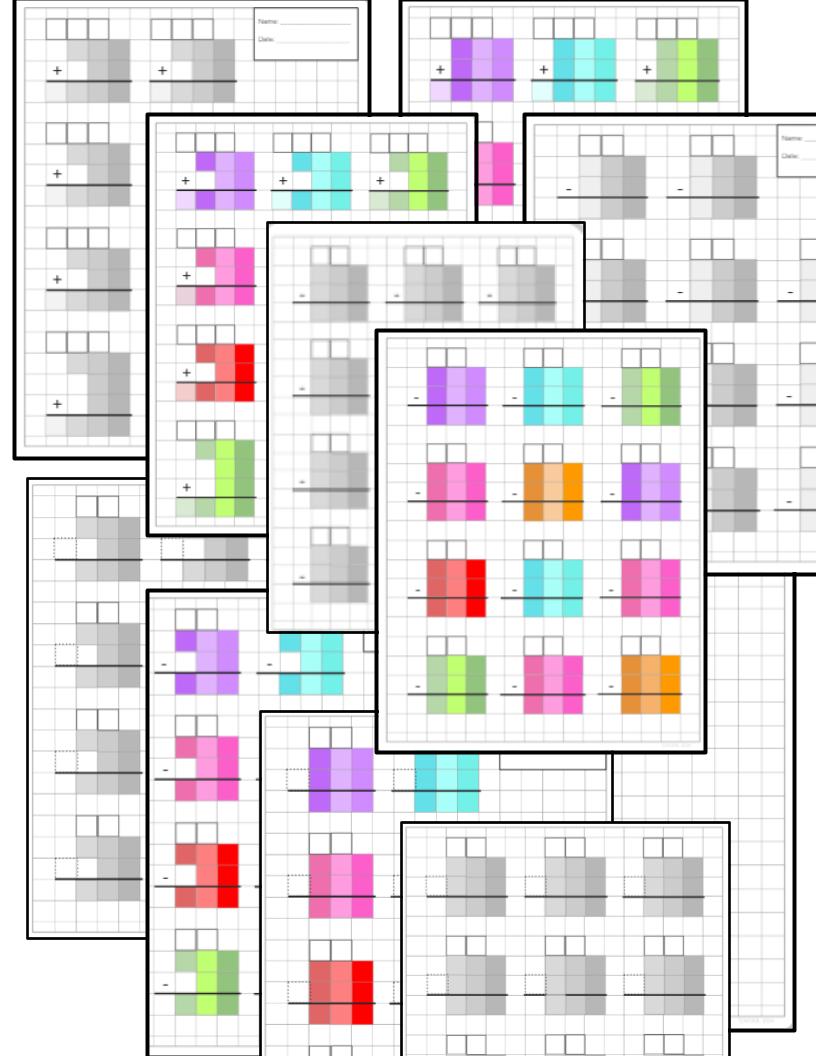 TRIPLE x DOUBLE & TRIPLE-digit Add/Subtract Grid, Color & BW, 1/2" Grid Paper