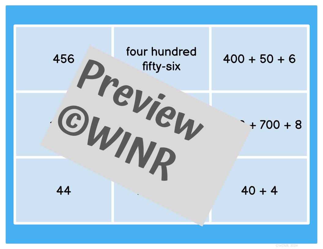 Number Form Matching Cards. Stnd, Word, Expanded, Base10, PlaceValue, #More/Less