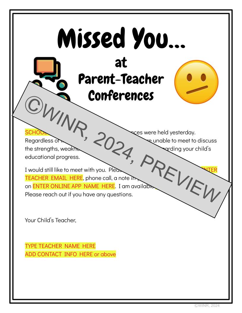 EDITABLE Elementary Parent-Teacher Conference Notes Template & Missed You page
