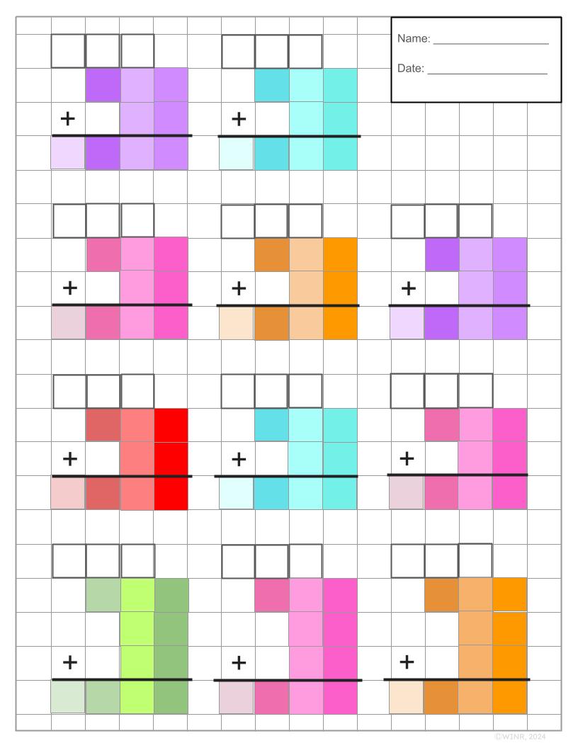 TRIPLE x DOUBLE & TRIPLE-digit Add/Subtract Grid, Color & BW, 1/2" Grid Paper
