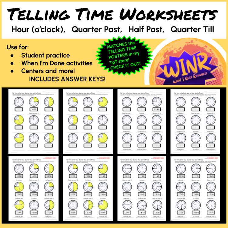 Telling Time Worksheets: Hour, Quarter Past, Half Past, Quarter Till, drawing hands Practice