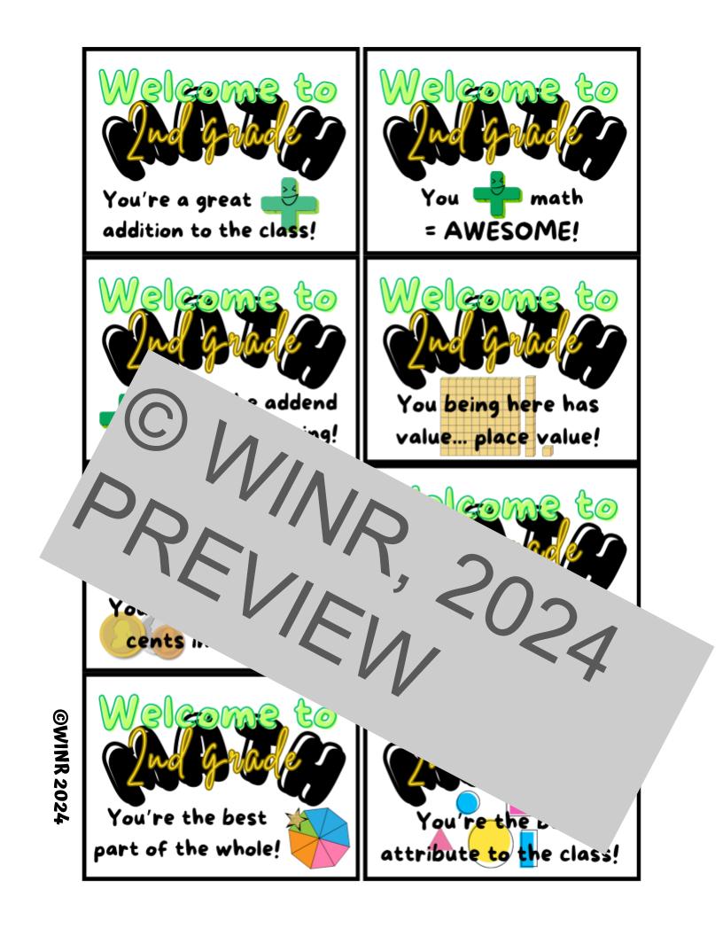 Welcome, Valentine's, Positive Message MATH CARDS - 8 different math puns!