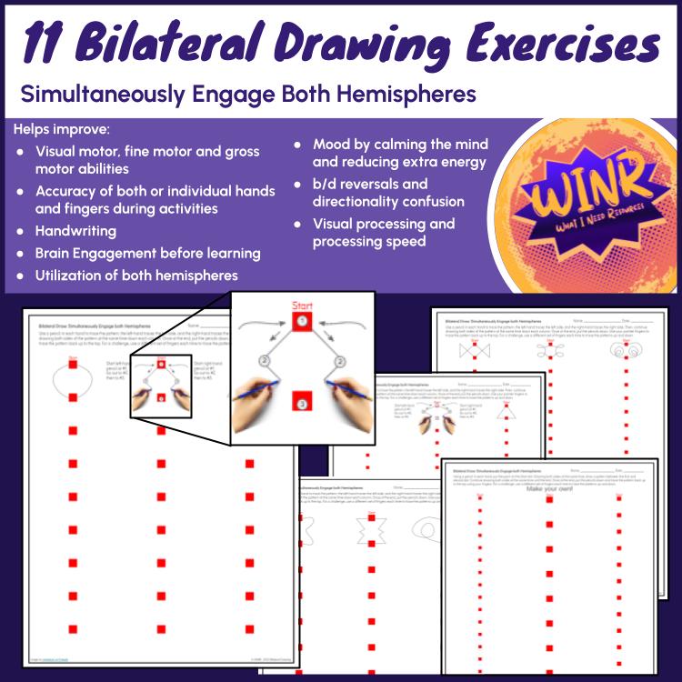 11 Bilateral Drawing Exercises - Cross-Brain-Eye-Hand Exercises - Left/Right discernment, Printable, OT