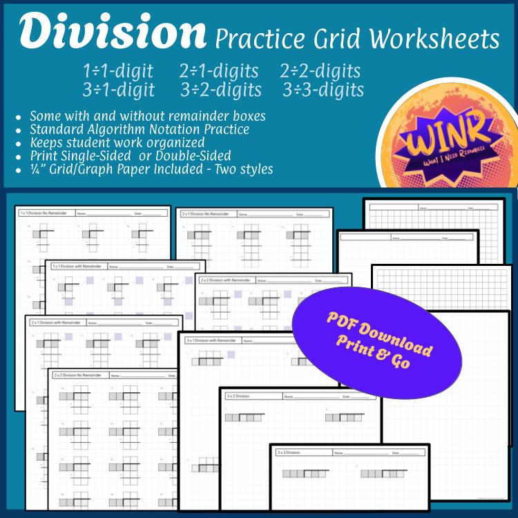 Long Division Practice Grid Worksheets 1÷1-digit, 2÷1-digit, 2÷2-digit, 3÷1-digit, 3÷2-digit, & 3÷3-digit -- Standard Algorithm --