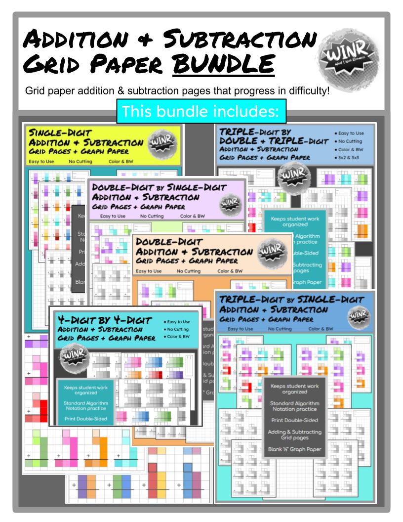 BUNDLE Addition & Subtraction Grid Paper, single digit to 4x4-digits, Blank 1/2 in. Grid Paper + BONUS