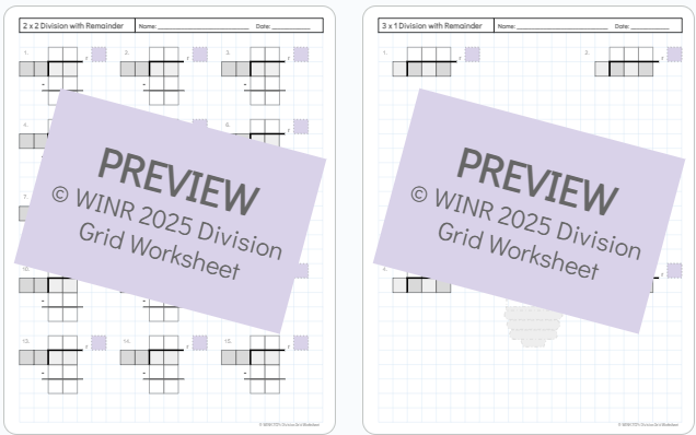 Long Division Practice Grid Worksheets 1÷1-digit, 2÷1-digit, 2÷2-digit, 3÷1-digit, 3÷2-digit, &  3÷3-digit -- Standard Algorithm --