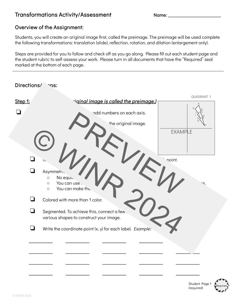 Transformations on a Coordinate Plane w/ Student Created Image! Rubric & Checklist