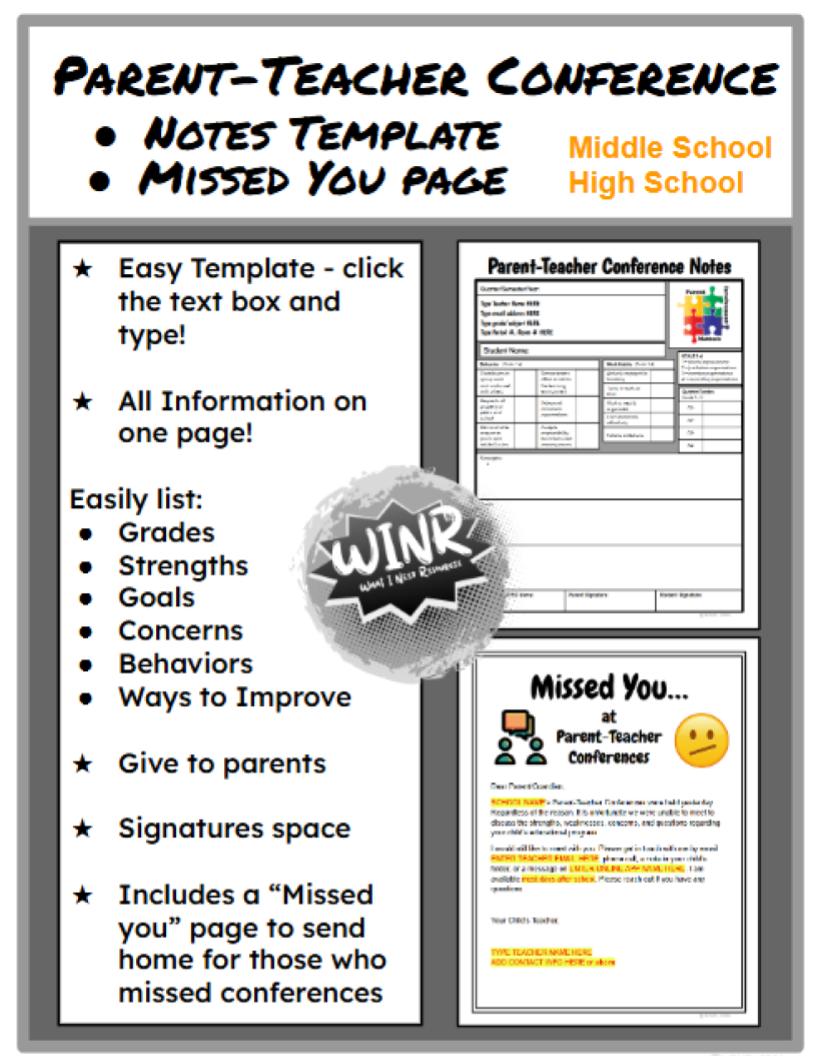 EDITABLE MS/HS Parent-Teacher Conf Notes Template & Missed You pg Google Slide