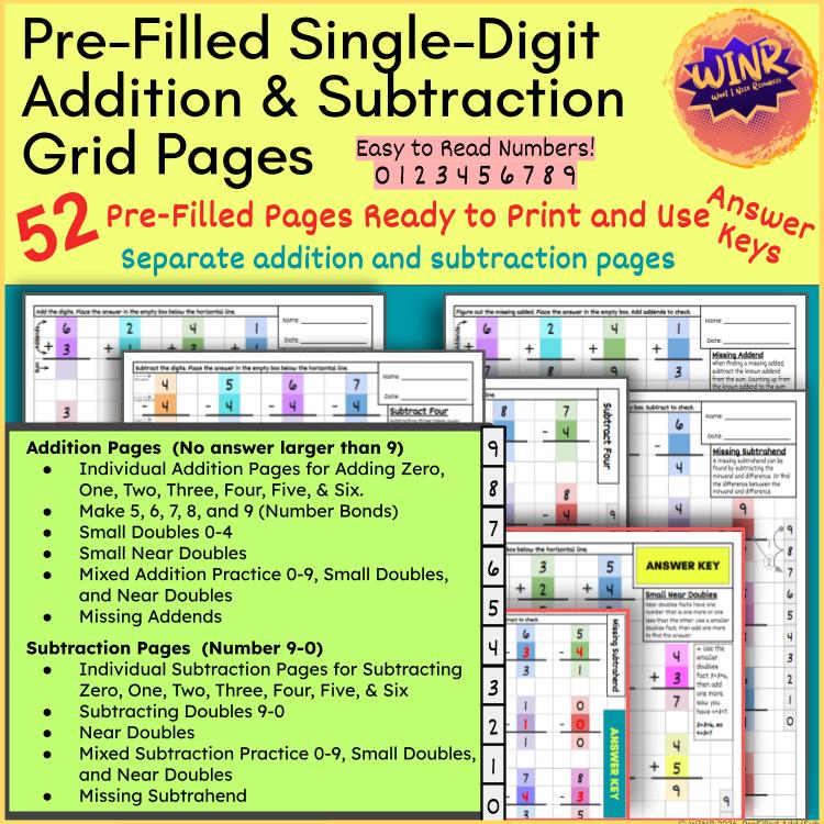 Pre-Filled SINGLE DIGIT Addition Subtraction Grid Paper Practice 50+ pages!