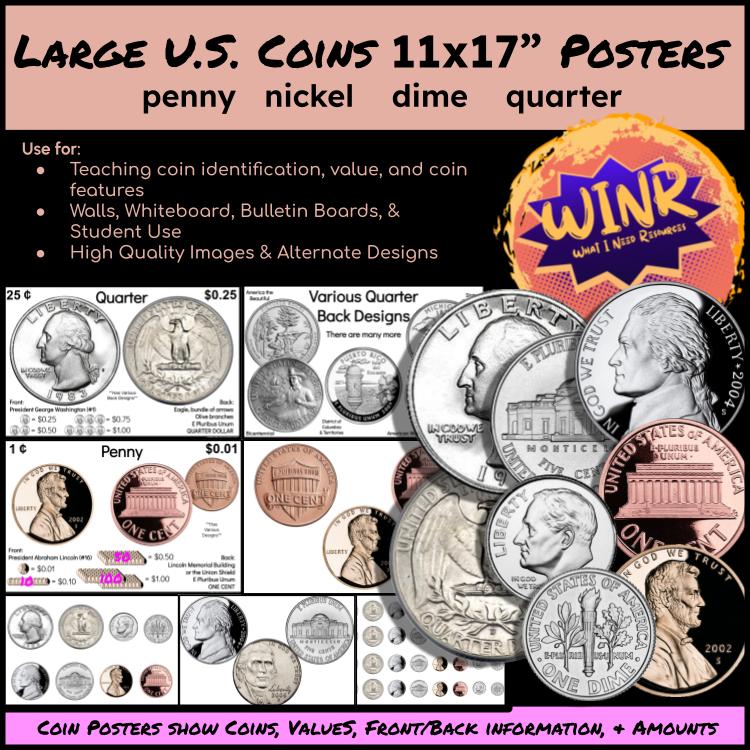 11x17 inch Large US Coins Informational POSTERS for classroom, whiteboard, bulletin board.