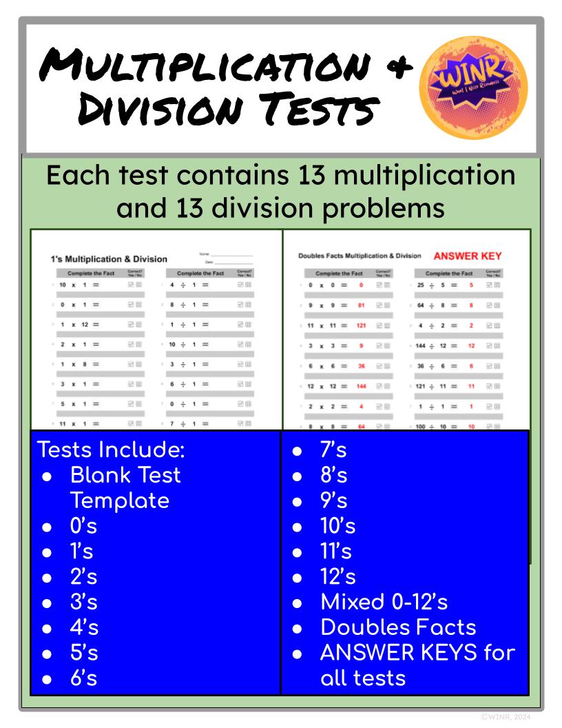 Multiplication & Division Facts Tests- 0-12 on own page, Mixed 0-12, & Doubles Facts
