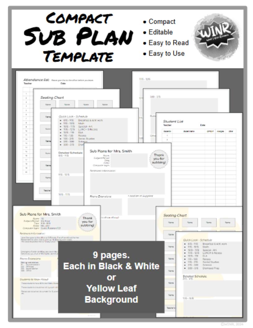 EDITABLE Compact Sub Plan Template - Substitute Teacher, Plan, Template, Easy, Quick