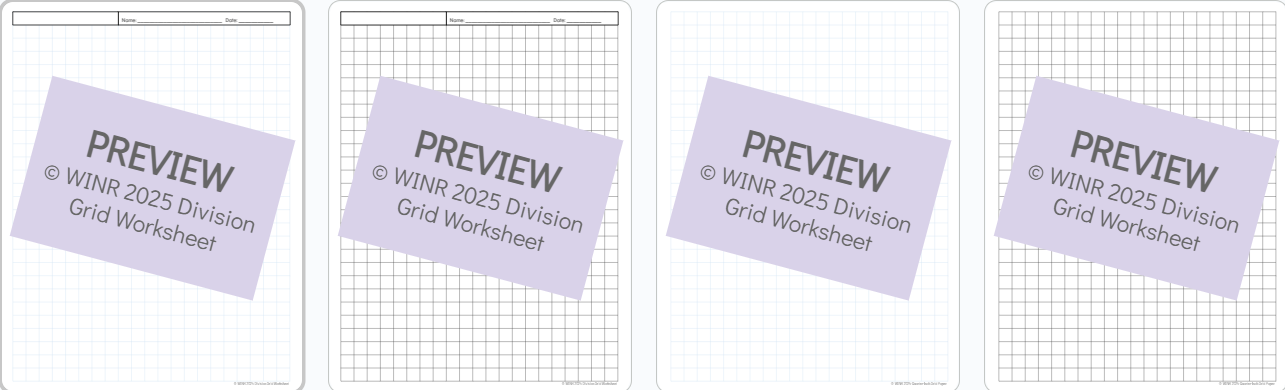 Long Division Practice Grid Worksheets 1÷1-digit, 2÷1-digit, 2÷2-digit, 3÷1-digit, 3÷2-digit, &  3÷3-digit -- Standard Algorithm --