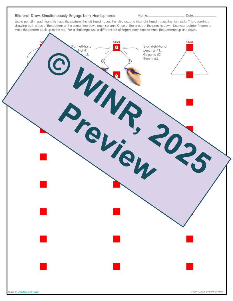 11 Bilateral Drawing Exercises - Cross-Brain-Eye-Hand Exercises - Left/Right discernment, Printable, OT