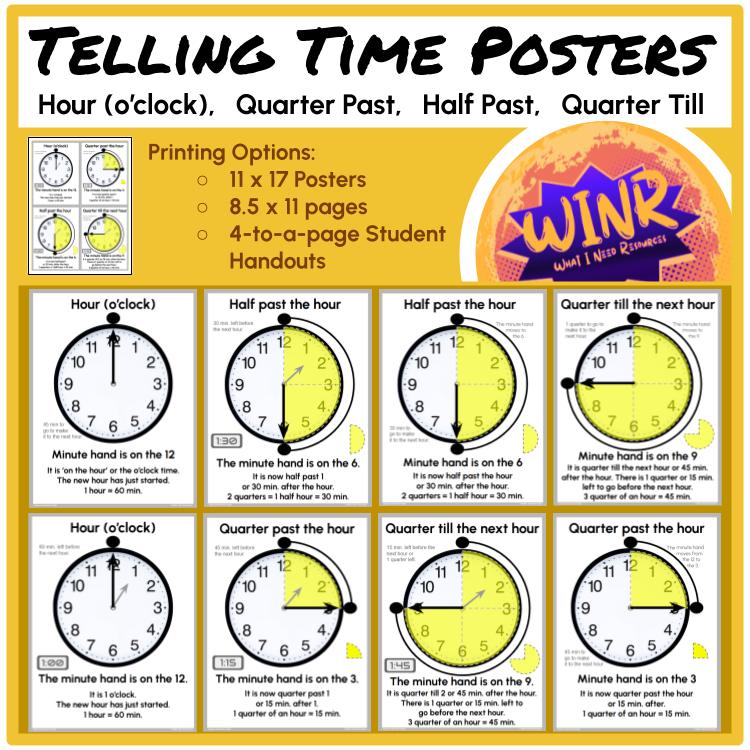 POSTERS -- Hour, Quarter Past, Half Past, Quarter Till, Clock Posters, Visual Telling Time