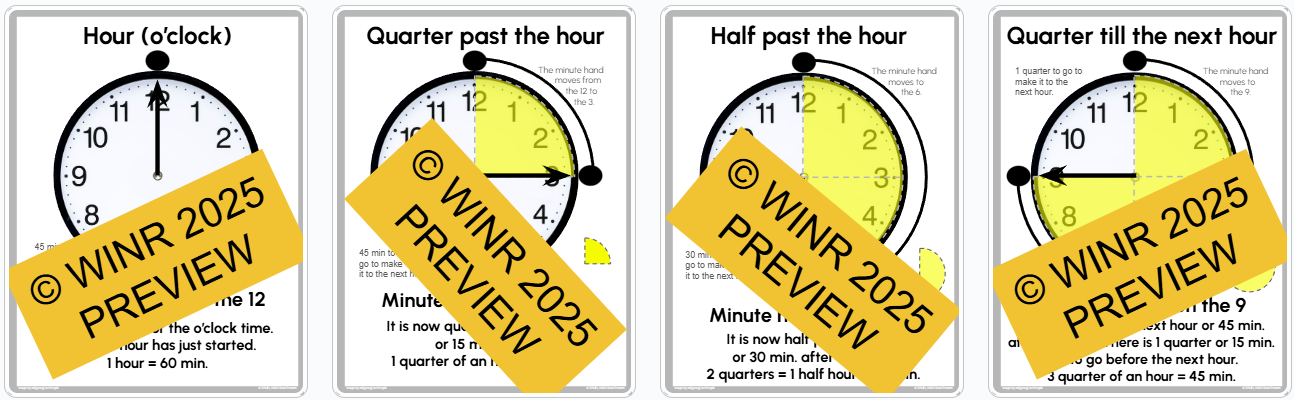 BUNDLE - Telling Time Posters & Worksheets (Hour, Quarter Past, Half Past, Quarter 'till) Read Analog Clock and Draw Hands