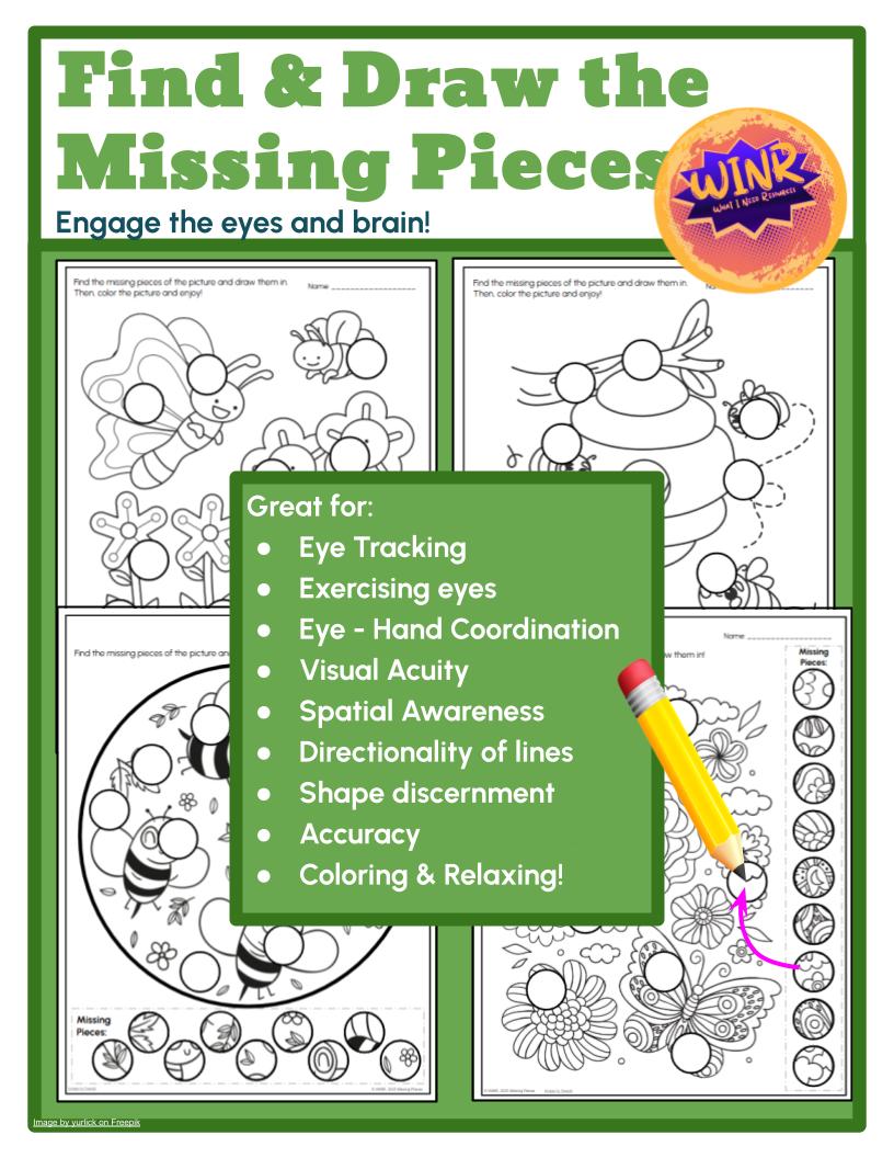 Find the Missing Pieces #1: Four Drawings, Eye Exercise, Tracking, Brain Spring