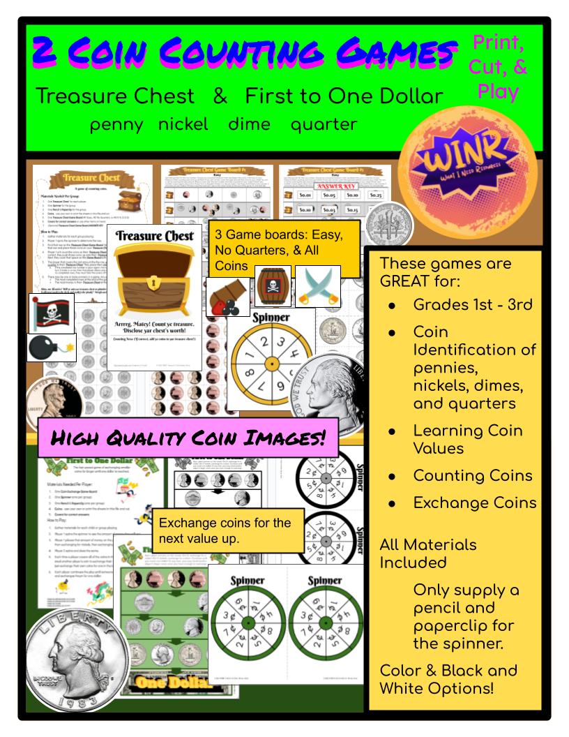 Treasure Chest & First to One Dollar --- 2 Coin Counting Games - Penny Nickel Dime Quarter, exchange, value, money, ID