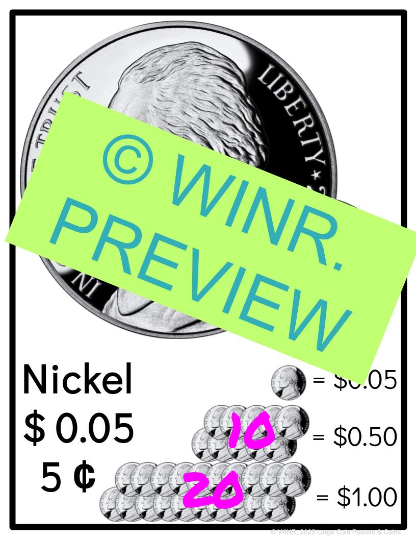 US Coins Large Display Information Money Front & Back Penny Dime Nickel Quarter